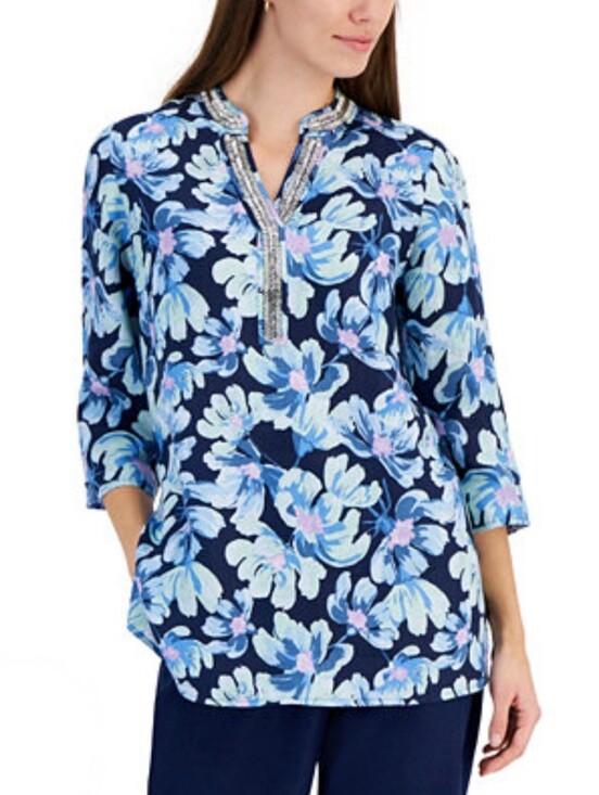 Charter Club Tops - CHARTER CLUB Luxury Blue Floral Beaded Linen V Neck Top Summer Beach Sz Medium